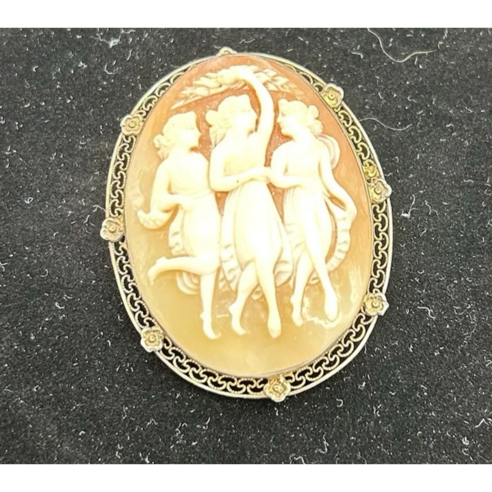 Antique Three Graces Cameo Sterling Silver‎ Brooch 12 Gram Total For Brooch